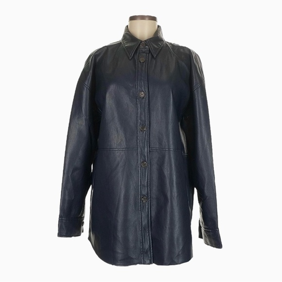 Aritzia Babaton Pelli Faux Leather Shacket Jacket NWT Navy Admiral Oversized M - Picture 1 of 10
